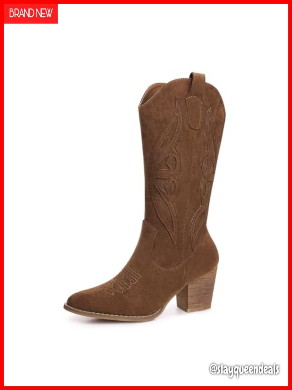 Women's Suede Mid Calf Cowboy Boots Embroidered Pointed Toe High Heel Western